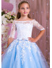 Off Shoulder White Lace Blue Tulle Pearls Embellished Flower Girl Dress Off Shoulder White Lace Blue Tulle Pearls Embellished Flower Girl Dress